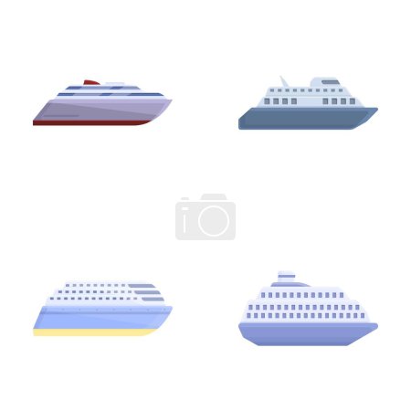 Los iconos del ferry establecen el vector de dibujos animados. Pasajeros o transbordadores de carga. Vehículo de transporte marítimo