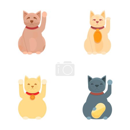Lucky cat icons set cartoon vector. Japanese cat maneki neko with raised paw. Asian figurine for good luck