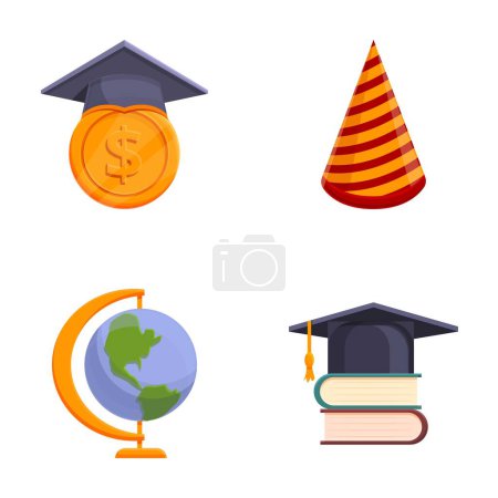 Education icons set cartoon vector. Graduation cap, book and globe. Learning concept
