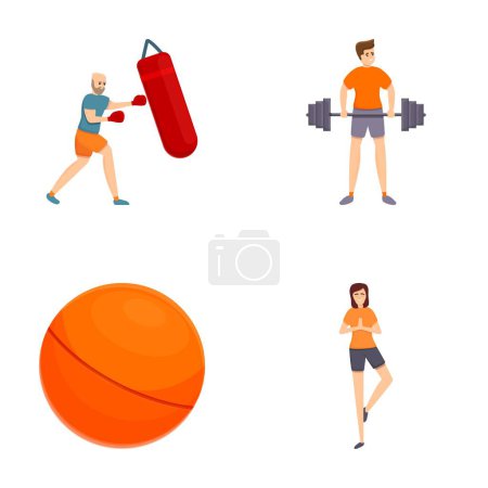 Workout-Symbole setzen Cartoon-Vektor. Menschen, die Sport treiben oder sich bewegen. Sport, gesunder Lebensstil