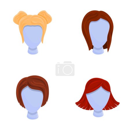 Téléchargez les illustrations : Femme icônes de coiffure mis vecteur de dessin animé. Divers types de coiffure féminine. Salon de coiffure, concept beauté - en licence libre de droit