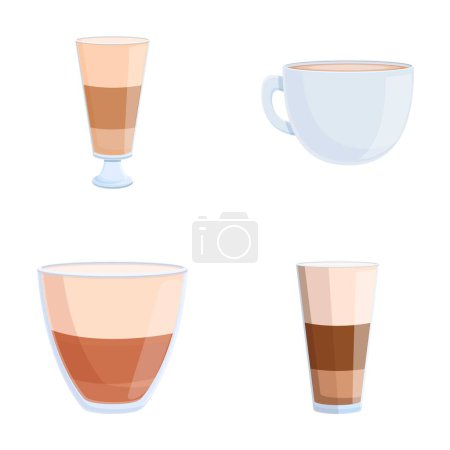 Téléchargez les illustrations : Latte icônes définir vecteur de dessin animé. Divers types de boissons au café. Café brassage - en licence libre de droit