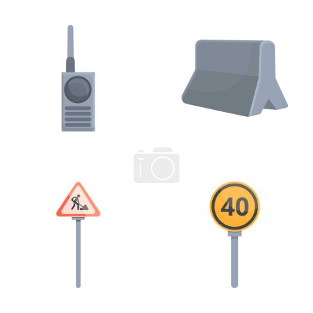 Ilustración de Iconos de reparación de carreteras conjunto vector de dibujos animados. Equipo para la reconstrucción de carreteras. Señal de advertencia - Imagen libre de derechos