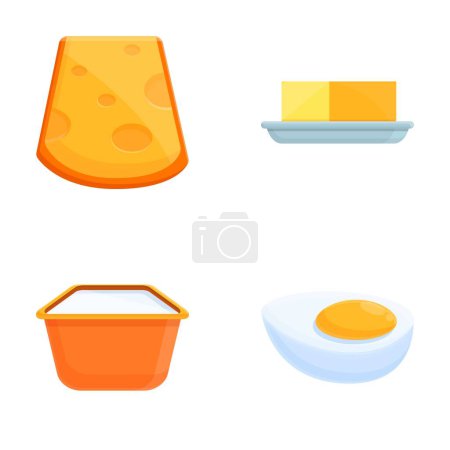 Protein-Produkt-Symbole setzen Cartoon-Vektor. Milch, Käse, Butter und Ei. Bio-Lebensmittel vom Bauernhof