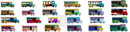 Ilustración de Jeepney iconos conjunto de dibujos animados vector. Viajar turismo de verano. Ciudad jeep road - Imagen libre de derechos