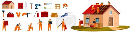 Roofer icons set cartoon vector. Renovation roof house. Worker tile home