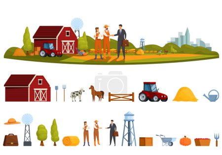 Farmer shake hand icons set cartoon vector. Country farmland. Agriculture business