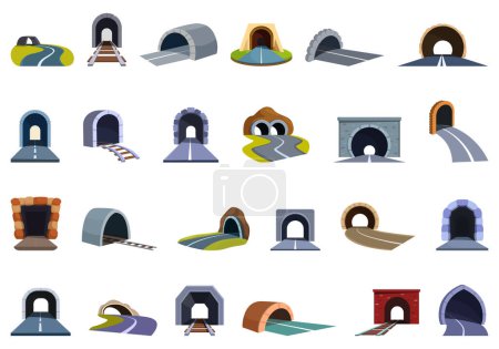 Arch tunnel icons set cartoon vector. Road car entrance. Underpass freeway
