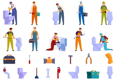 Illustration for Plumber worker repair toilet icons set cartoon vector. Escape fixing. Service sewage - Royalty Free Image