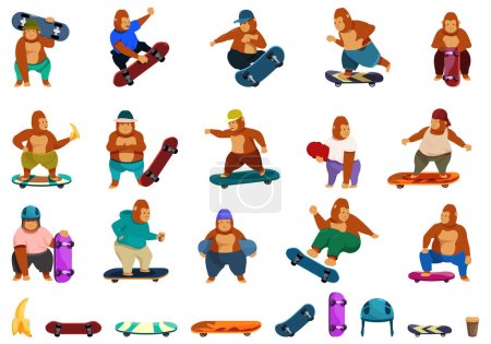 Gorilla skateboarding icons set cartoon vector. Ride summer sport. Chimp game