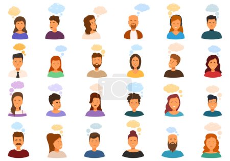 Illustration for Carefree people clouds icons set cartoon vector. Dreaming character. Sleep happy future - Royalty Free Image