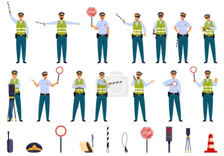 Illustration for Traffic controller icons set cartoon vector. Policeman road inspector. Worker reflective - Royalty Free Image