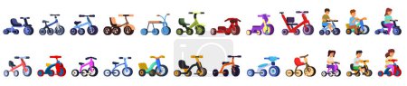 Ilustración de Niños iconos de triciclo conjunto de dibujos animados vector. Transporte en bicicleta. Scooter vehículo de paseo - Imagen libre de derechos