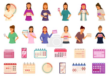 Iconos del calendario menstrual conjunto vector de dibujos animados. Sufrimiento del ciclo femenino. Dolor abdominal