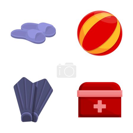 Swimming tool icons set cartoon vector. Various accessory for swimming. Summer rest