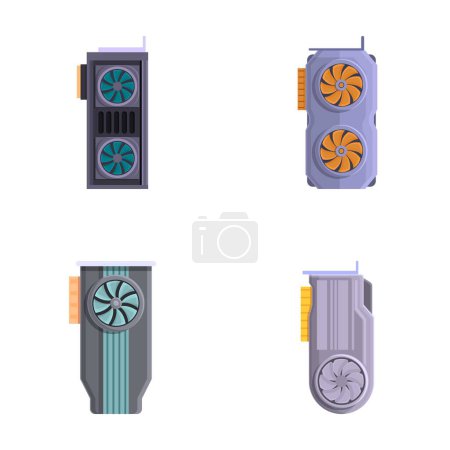 Gpu iconos de la tarjeta conjunto vector de dibujos animados. Tarjeta gráfica con ventilador de refrigeración. Componente del ordenador personal
