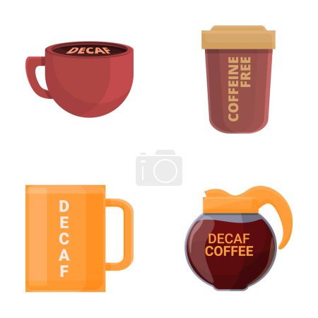 Decaf coffee icons set cartoon vector. Cup and teapot of decaf coffee. Decaffeinated drink