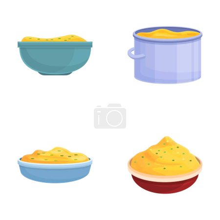 Iconos de puré de patata conjunto vector de dibujos animados. Puré de patata fresca en un tazón. Concepto alimenticio