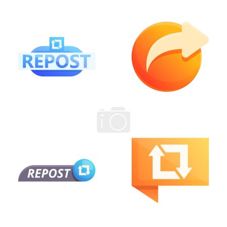 Ilustración de Repostear iconos conjunto vector de dibujos animados. Retweet, republicar y compartir botón. Difundir información en Internet - Imagen libre de derechos