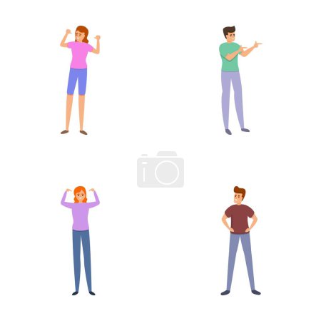 Illustration for Self perception icons set cartoon vector. Self confident people. Narcissism, psychology concept - Royalty Free Image