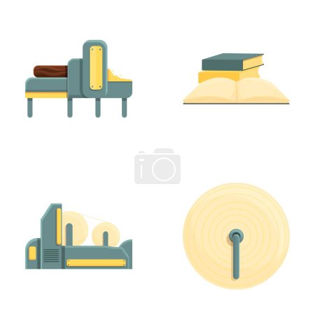 Paper production icons set cartoon vector. Equipment for paper production. Automated process
