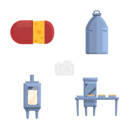Ilustración de Iconos de producción de queso conjunto vector de dibujos animados. Equipos para la producción de queso. Industria alimentaria - Imagen libre de derechos