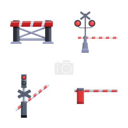 Railroad barrier icons set cartoon vector. Open and closed railway barrier. Warning sign