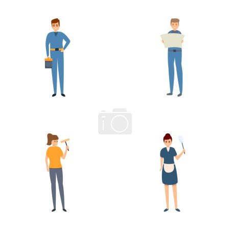 Illustration for Service staff icons set cartoon vector. Man and woman in uniform with tool. Service sector - Royalty Free Image