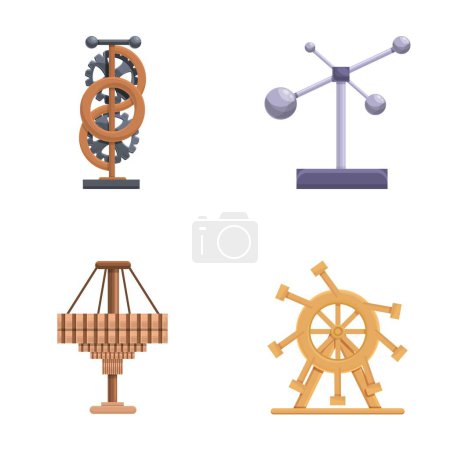 Iconos de movimiento perpetuo conjunto vector de dibujos animados. Máquina mecánica de movimiento perpetuo. Invención, dispositivo