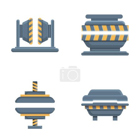 Iconos de prensa automática conjunto vector de dibujos animados. Varias máquinas de impresión automática. Industria, metalurgia