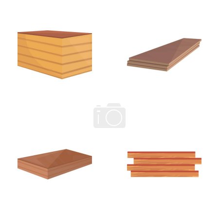 Sperrholzplanken Ikonen setzen Cartoon-Vektor. Holzdielen wie Parkett oder Laminat. Baustoffe