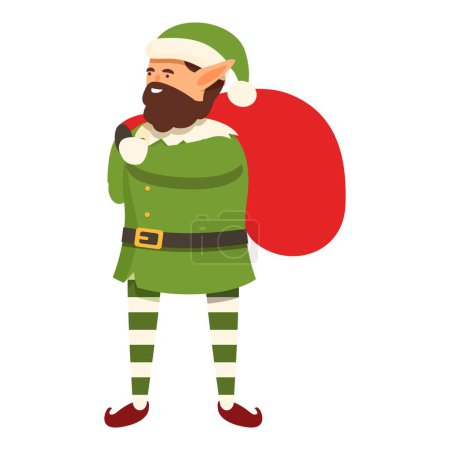 Elf with red sack icon cartoon vector. Christmas dwarf. Merry costume holiday