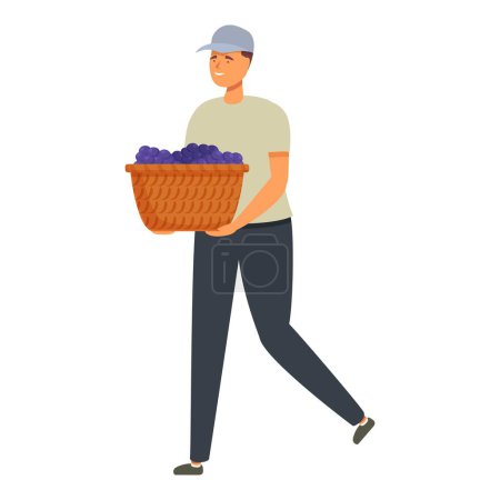 Hombre tomar cesta llena de uvas icono vector de dibujos animados. Producción de vino casero. Cosecha de alcohol