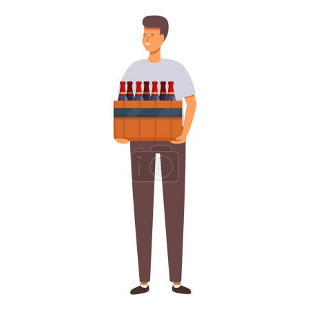 Illustration for Man take box of wine bottles icon cartoon vector. Ready for holiday. Factory alcohol - Royalty Free Image