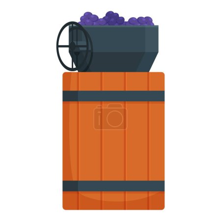 Illustration for Home made wine production icon cartoon vector. Wooden barrel crash grapes equipment. Drink alcohol - Royalty Free Image