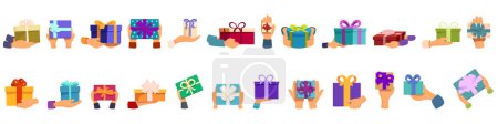 Hands holding gift box icons set cartoon vector. Christmas present. New year souvenir
