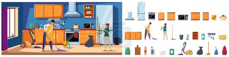 Housewife cleaning kitchen icons set cartoon vector. Woman with broom and sponge. Garbage dirty