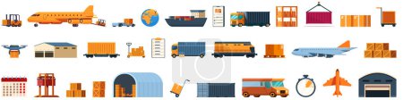 Avión transporte logística iconos conjunto vector de dibujos animados. Carga de entrega de vehículos. Llevar el seguimiento