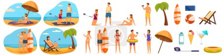 Selfie verano playa iconos conjunto de dibujos animados vector. Smartphone móvil. Traje de baño de vacaciones