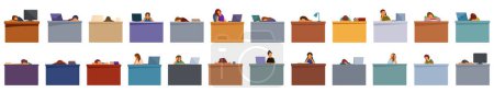 Tired woman sleep desk icons set cartoon vector. Work during burnout. Sleeping learning