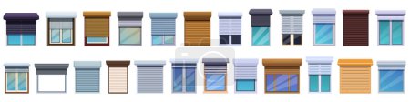 Rolling shutter icons set cartoon vector. Window plastic closed. Roller up glass