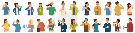 Illustration for Thirsty people drinking icons set cartoon vector. Bottle glass filter. Person mom drink - Royalty Free Image