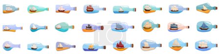 Ilustración de Veleros botellas iconos conjunto vector de dibujos animados. Viaje en barco. Viaje por mar aventura - Imagen libre de derechos