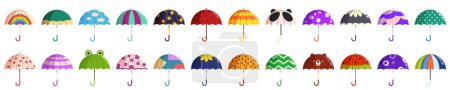 Illustration for Childrens umbrella icons set cartoon vector. Sunshade fashion parasol. Weather rain play - Royalty Free Image