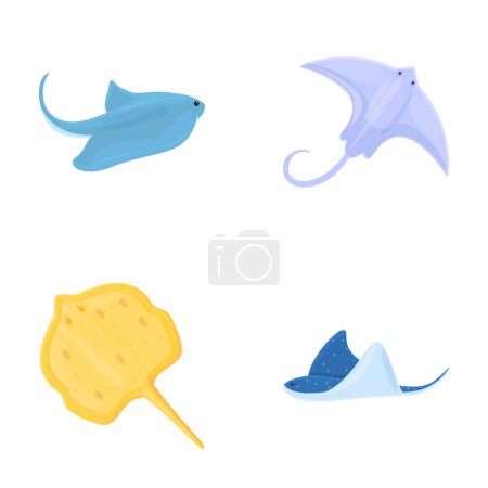 Stingray iconos conjunto de dibujos animados vector. Dibujos animados peces rayas marinas tropicales. Naturaleza, animales marinos