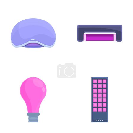Los iconos de la lámpara UV establecen el vector de dibujos animados. Lámpara luminosa con rayo ultravioleta. Dispositivo con luz ultravioleta