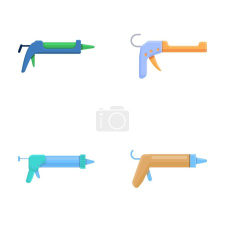 Illustration for Silicone gun icons set cartoon vector. Metal silicone caulk gun. Construction and repair equipment - Royalty Free Image