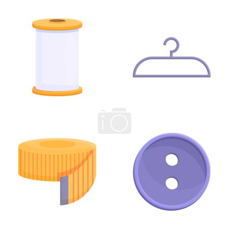 Atelier icons set cartoon vector. Thread spool, hanger, button and tape measure. Textile industry