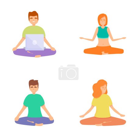 Meditar a la gente iconos conjunto vector de dibujos animados. Mujer y hombre en postura de loto. Yoga, estilo de vida saludable