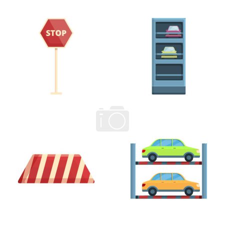 Estacionamiento iconos conjunto vector de dibujos animados. Aparcamiento urbano lleno de auto estacionado. Infraestructuras de transporte